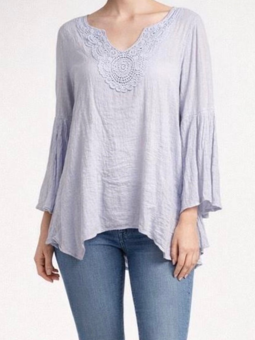 Boho Beach Light Blue Women's Gauzey Top Crochet Detail Split Flutter Sleeves